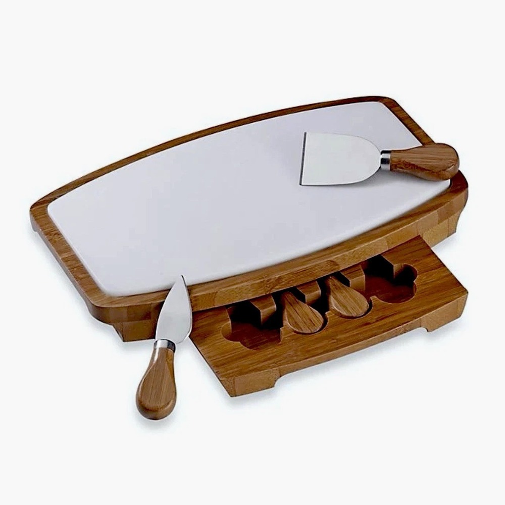 B. SMITH Cheese Board Set - Bamboo Marble w/ Hidden Drawer & 4 Utensils NIB